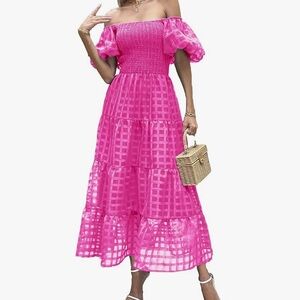 PRETTYGARDEN PINK Fuchsia Off-Shoulder Midi Dress